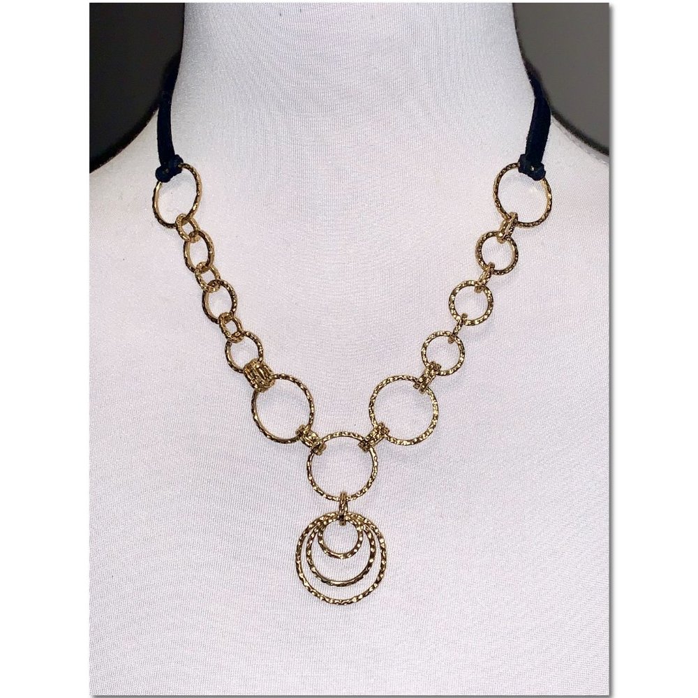 Lia Sophia Black Leather & Hammered Gold Cascading Circles Necklace EUC